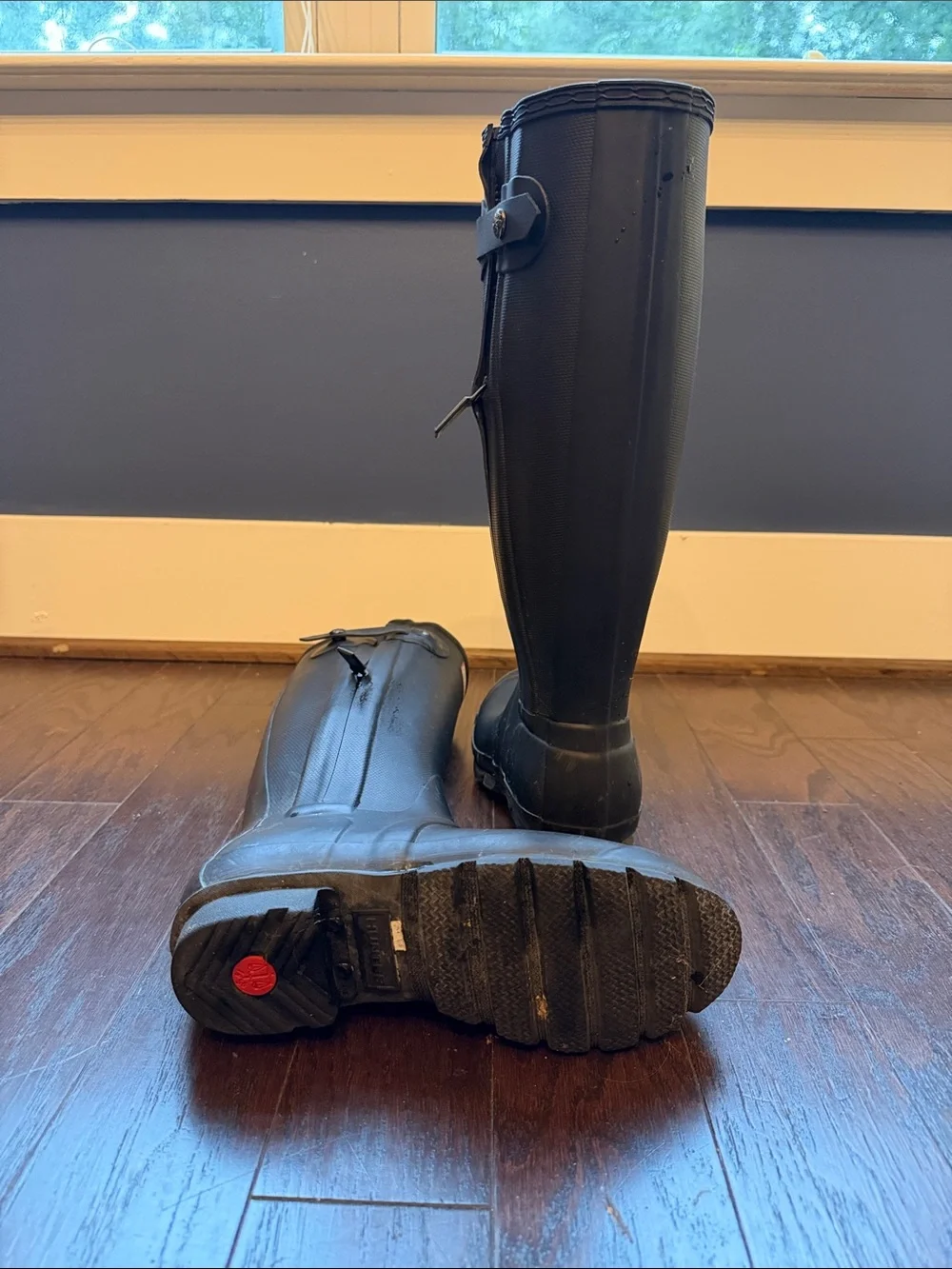Hunter Black Tall Rubber Rain Boots with Red Logo Accent